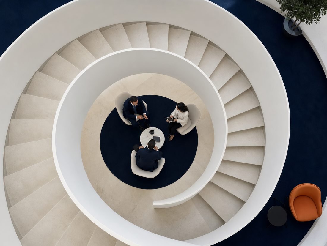 Aerial view of a team meeting at the centre of a spiral staircase