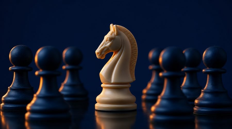 A white chess knight standing out among navy pawns