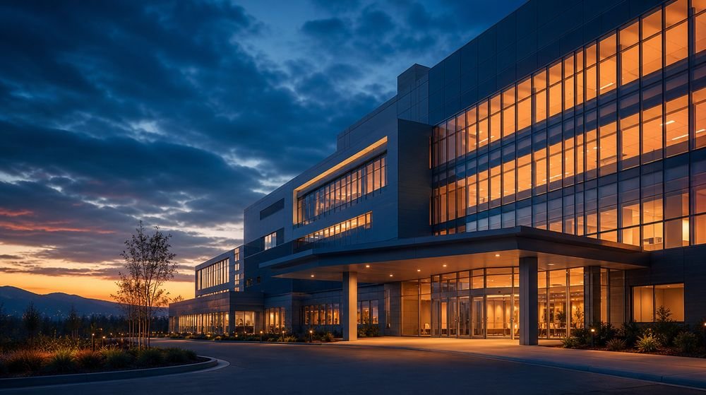 Modern hospital building glowing at dusk