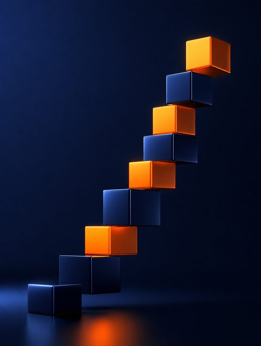 Abstract navy and orange cubes ascending like a staircase — growth, squared